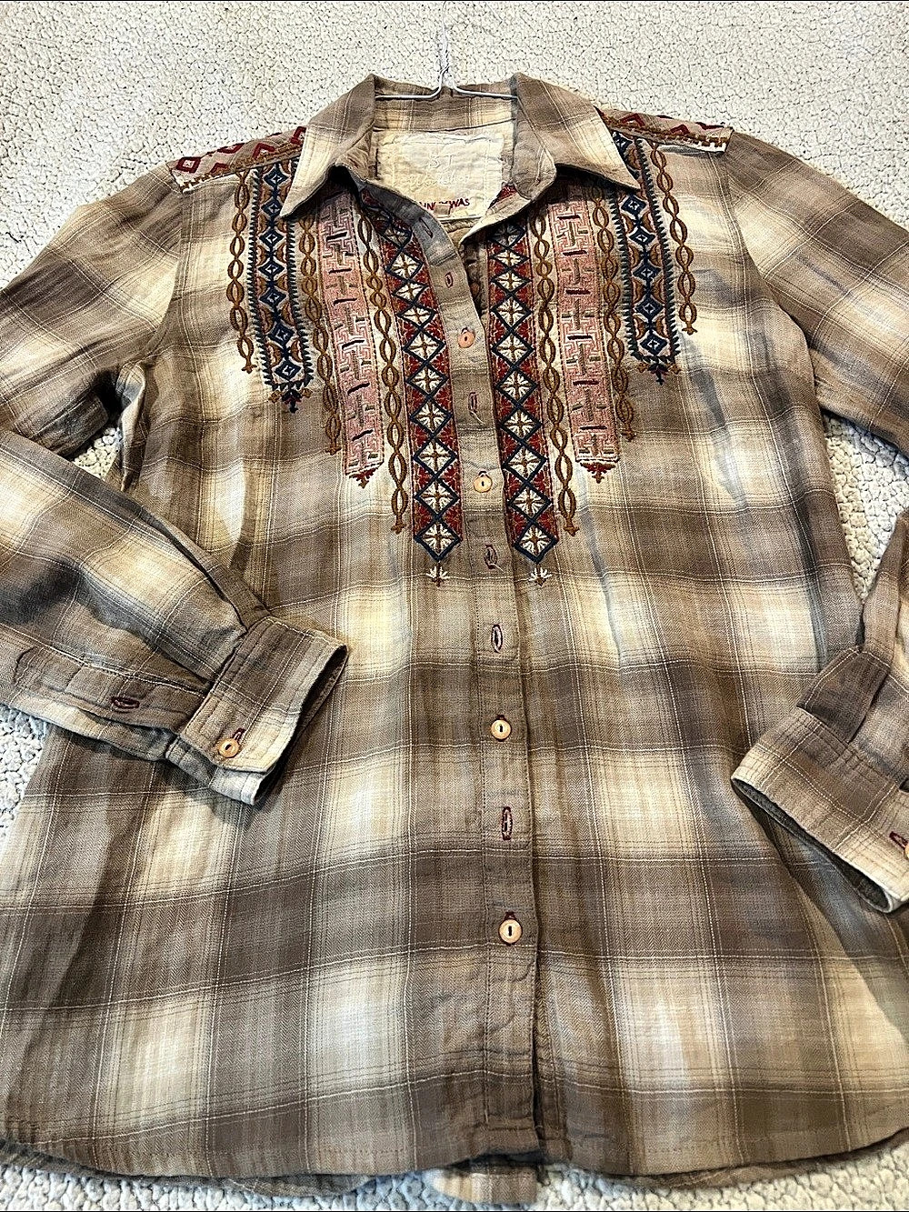 Johnny Was Embroidered Plaid Button Down in Brown